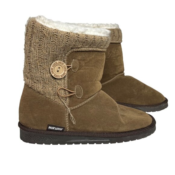 Muk Luks Button Suede Boots Womens Size 9 Brown Fur Lined - Picture 1 of 13